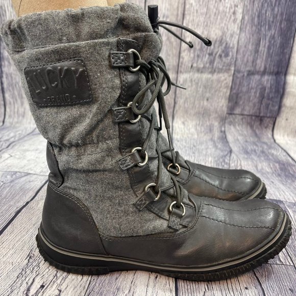 Lucky Brand Lace Up Duck Boot Women's Faux Fur Lined Winter Rain trail Boot Gray - Picture 1 of 12